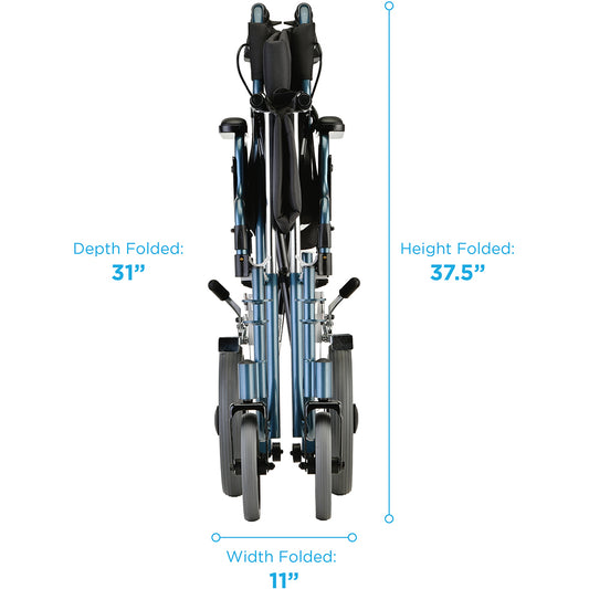 Nova Medical - Heavy Duty Transport Chair with 12" Wheels, Hand Brakes, Removable Arms - 22" Extra Wide with Swing Away Blue 332B