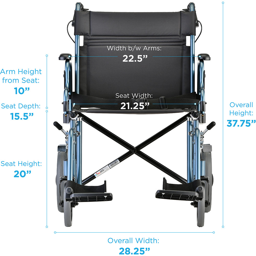 Nova Medical - Heavy Duty Transport Chair with 12" Wheels, Hand Brakes, Removable Arms - 22" Extra Wide with Swing Away Blue 332B