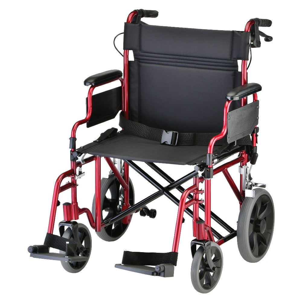 Nova Medical - Heavy Duty Transport Chair with 12" Wheels, Hand Brakes, Removable Arms - 22" Extra Wide with Swing Away Red 332R