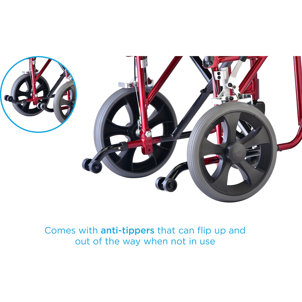 Nova Medical - Heavy Duty Transport Chair with 12" Wheels, Hand Brakes, Removable Arms - 22" Extra Wide with Swing Away Red 332R
