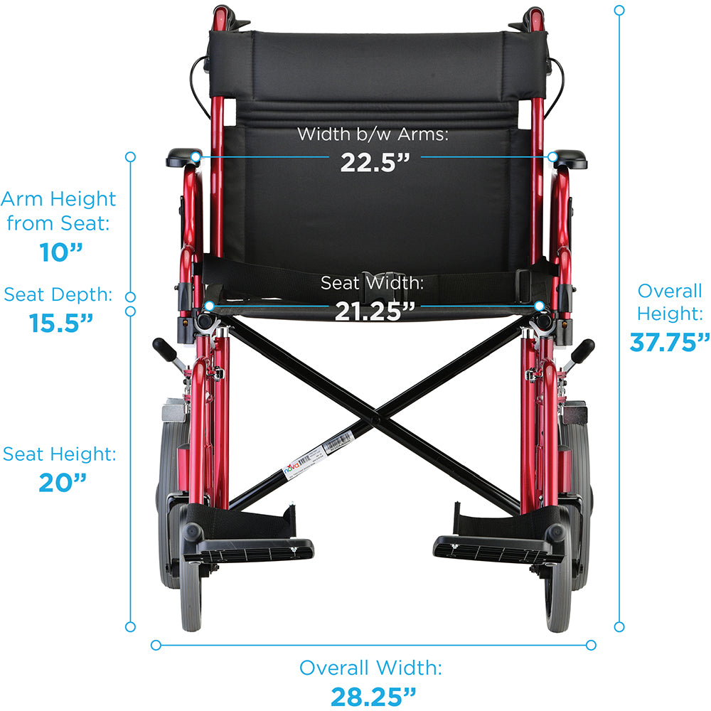 Nova Medical - Heavy Duty Transport Chair with 12" Wheels, Hand Brakes, Removable Arms - 22" Extra Wide with Swing Away Red 332R