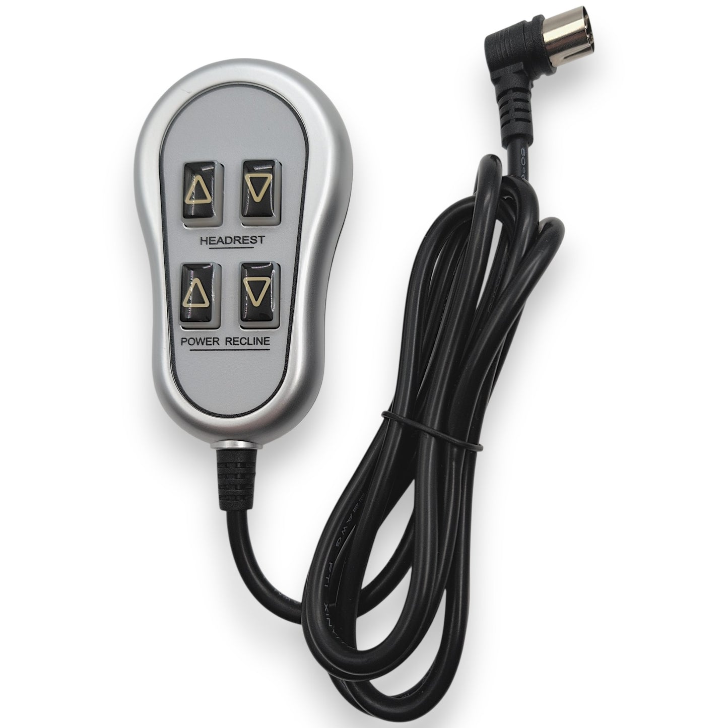 Front view Of the silver Remote Hand Control. It has as 4 Buttons, 2 are Up/Down Buttons Labeled "Headrest", and 2 are Up/Down Buttons Labeled "Power Recline". Cord is wound up, showing its 5-pin connector, the connector has a 90 degree angle.