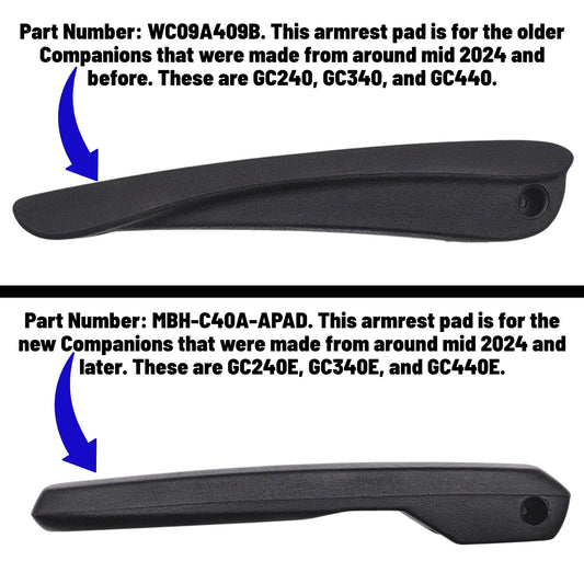 compars 2 armrest pads for the golden technologies Companion. WC09A409B & MBH-C40A-APAD. Explains that the first part is for models, GC240, GC340, GC440 and that the second part is for GC240E, GC340E, GC440E