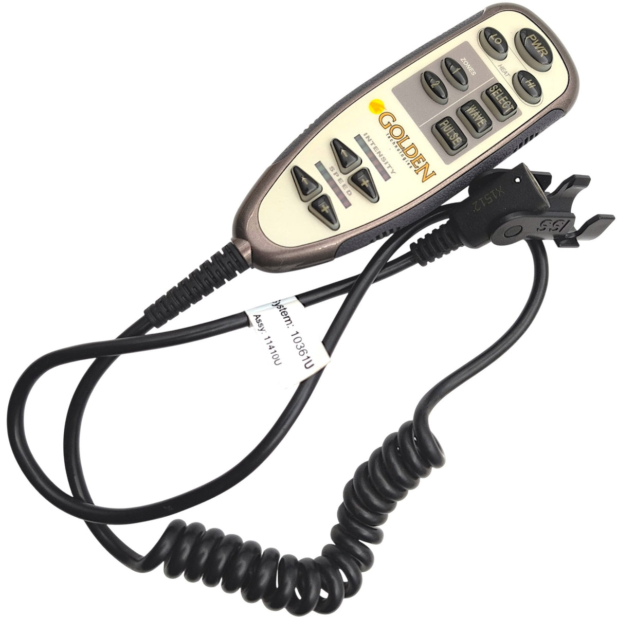 front of 12-Button remote hand control with cord wound up & 8-pin female connector with clamp open.