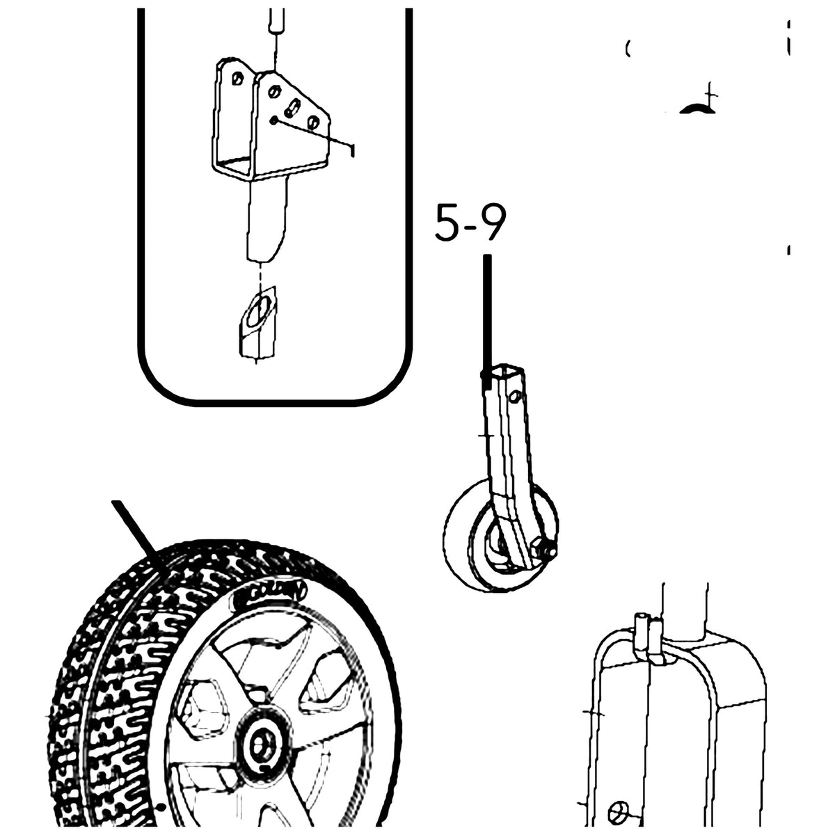 Golden Technologies MBX-240-ATAR Front Anti Tip Assembly, Right, Includes Wheel And Hardware parts diagram