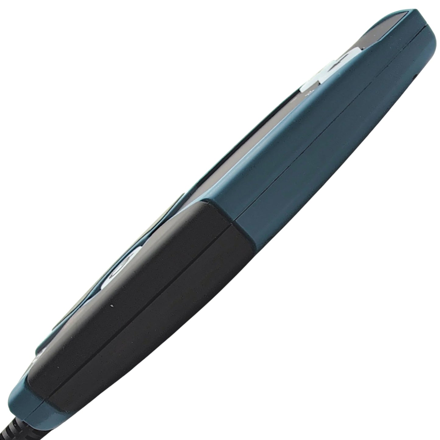 side view of the remote. Blue with black hand grip