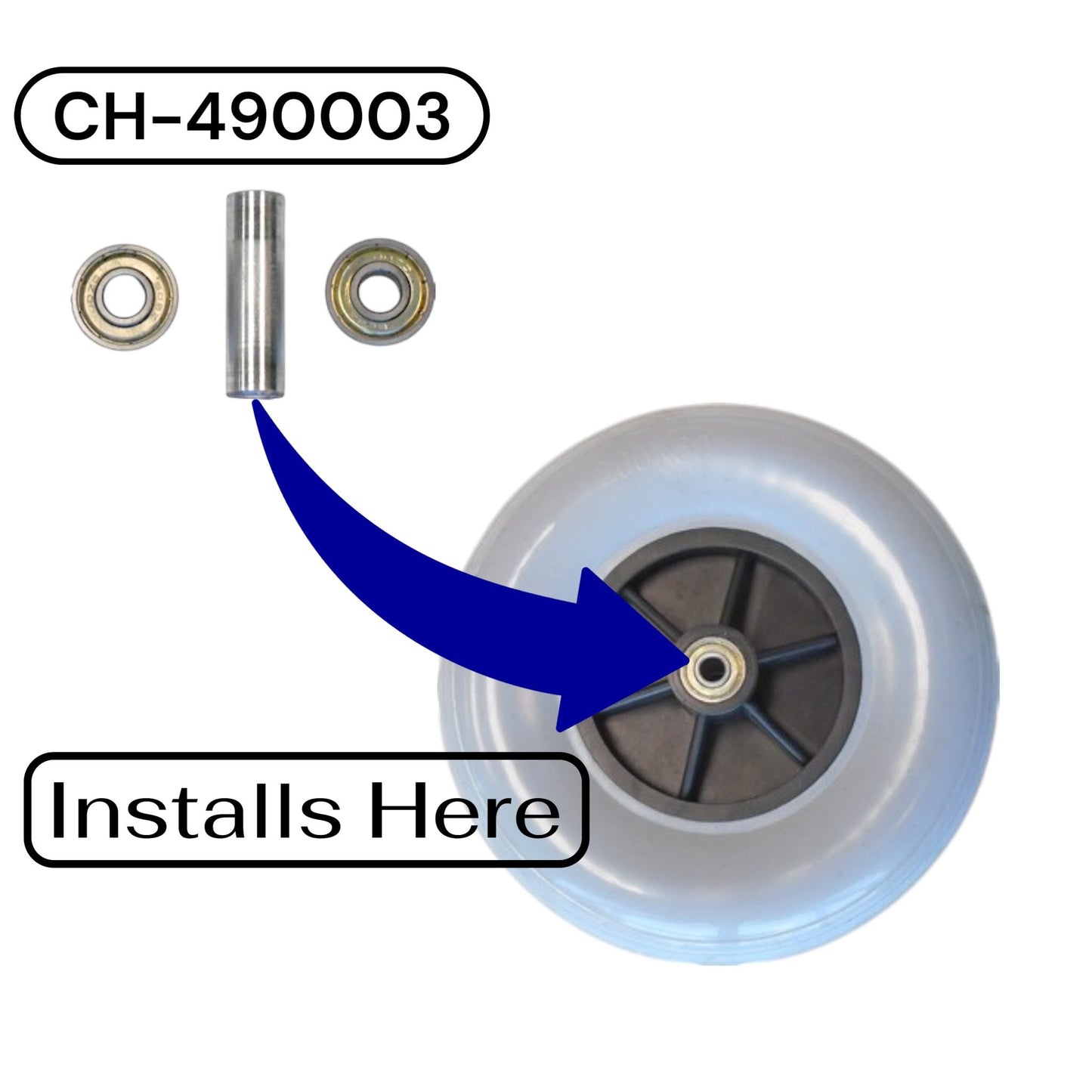 Two bearing and one spacer with part number CH-490003. Arrow pointing to the center of a wheel showing its install location