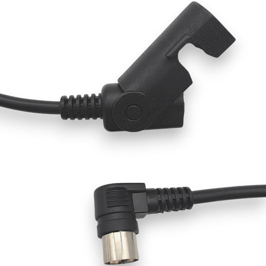 side view of both connectors. 5 pin male, 90 degree angle and 5 pin female with clamp