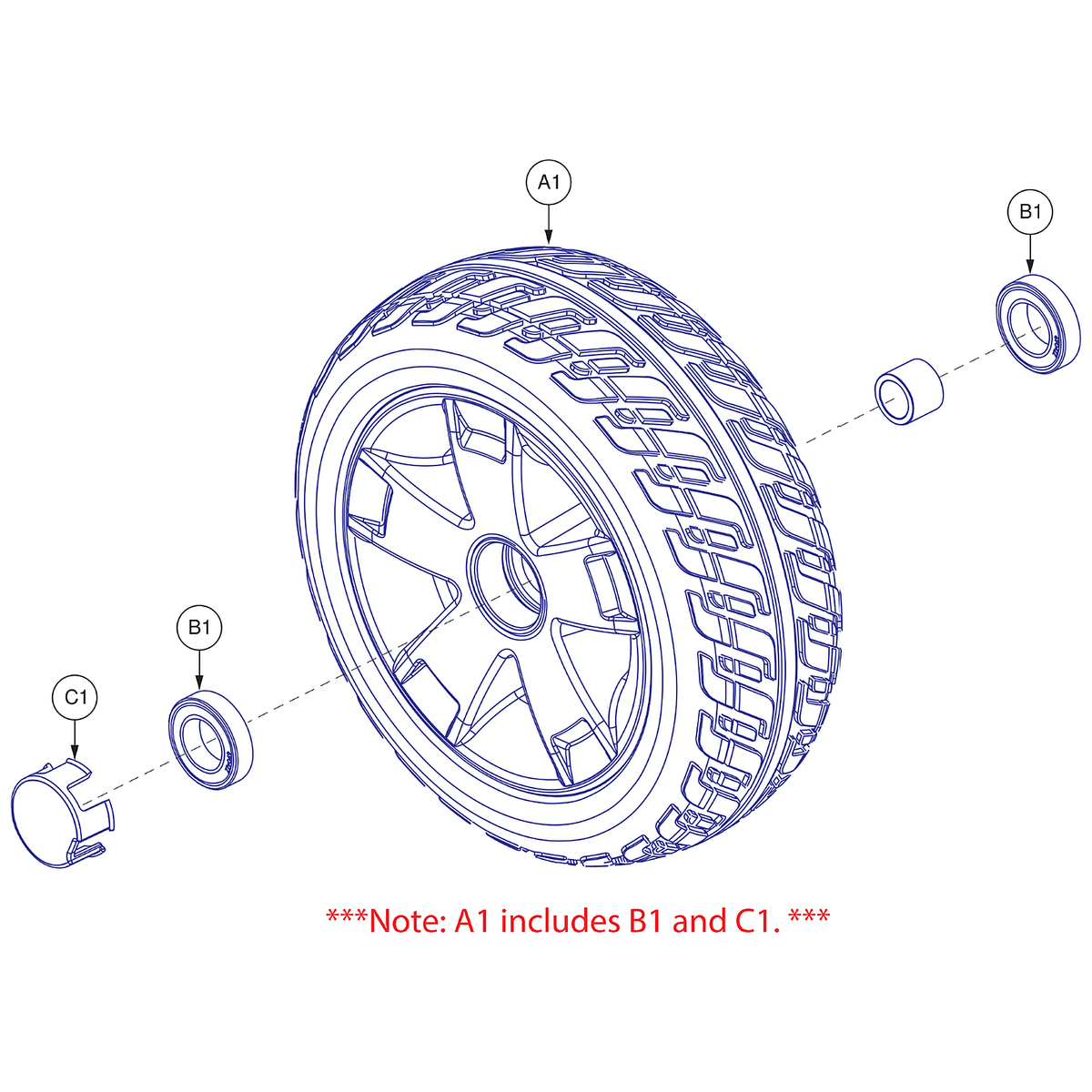 Pride Mobility (BRGSLV1030), Pride parts diagram of the front 4-wheel assembly of the VA Victory 10 showing the sleeve bearing, item B1.