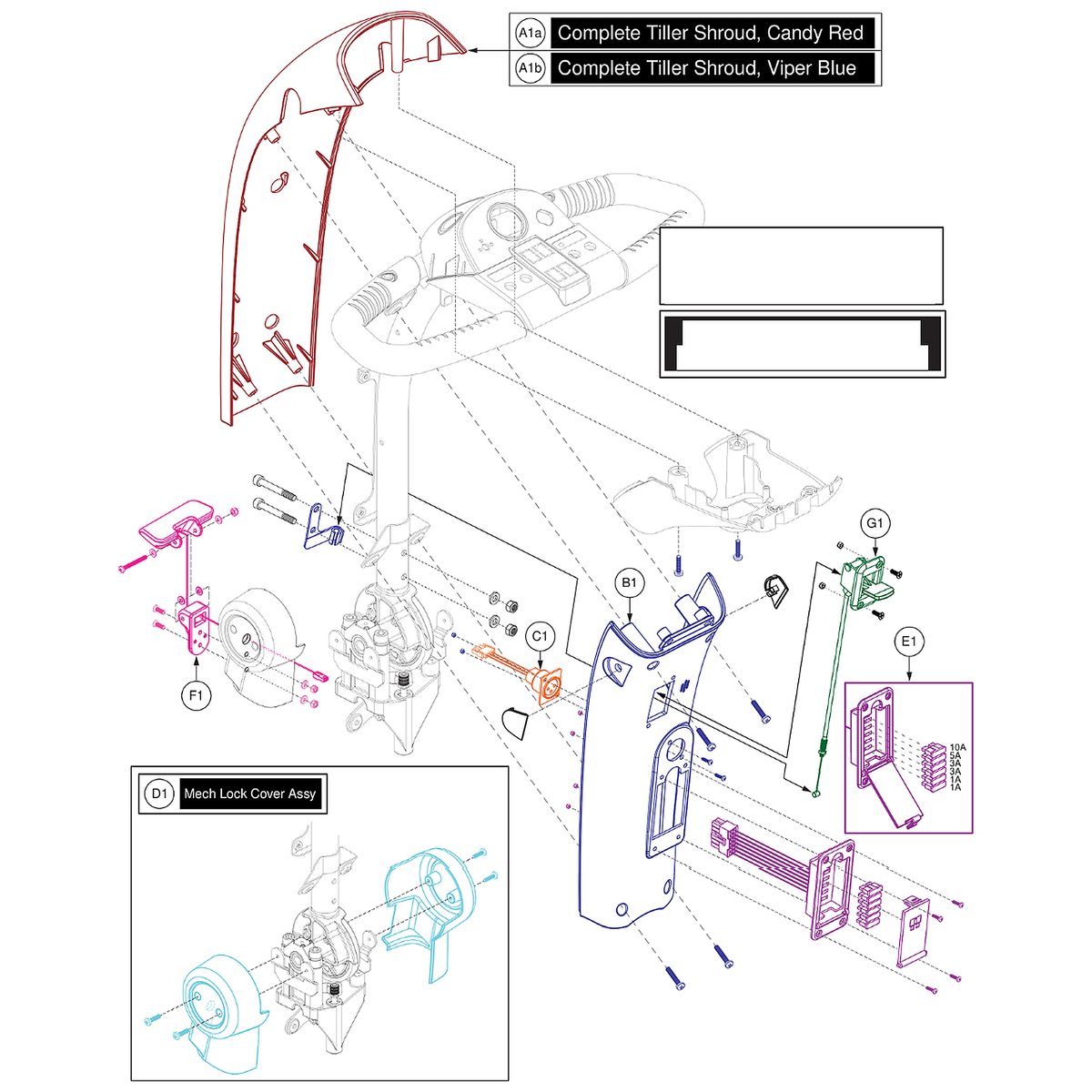 Pride Mobility (DGN1909702-Y), Pride parts diagram of the Phase 2 VA Victory tiller shroud showing the black rear tiller shroud assembly with yellow tiller lever, item B1.