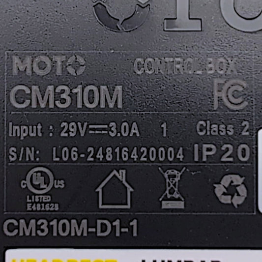 product label. stating Moto Control Box, CM310M (Base Model ID), input 29v - 3.0A, Model Number: CM310M-D1-1