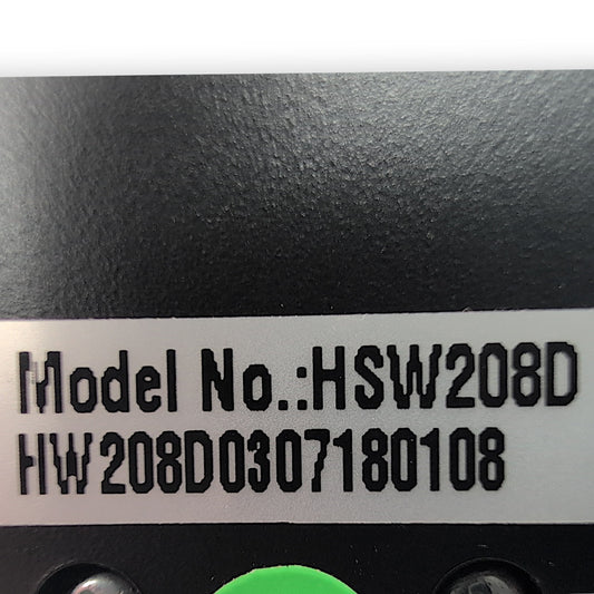 Product label showing model number hsw208D and the serial number starting with HW