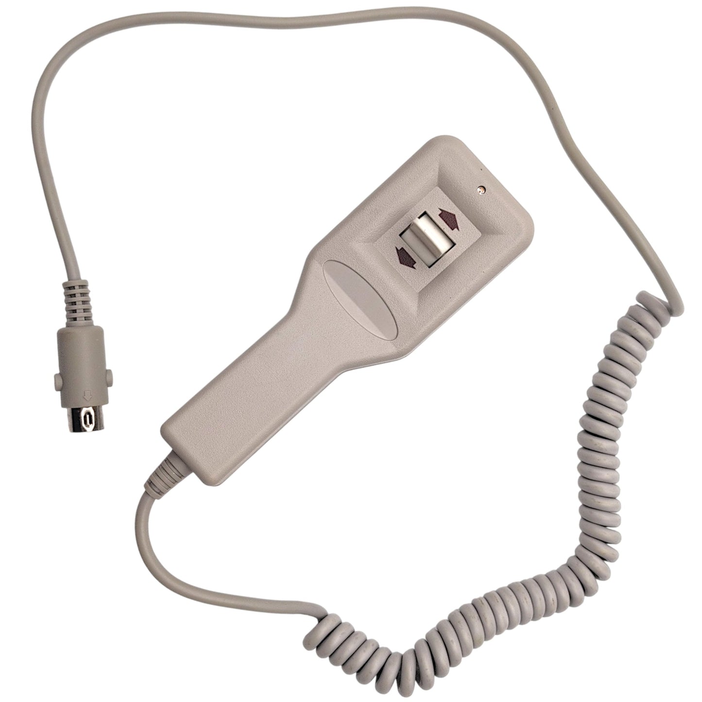 front of the 1-switch remote hand control. Coild cord with 5-pin connector is unwound to show its length.