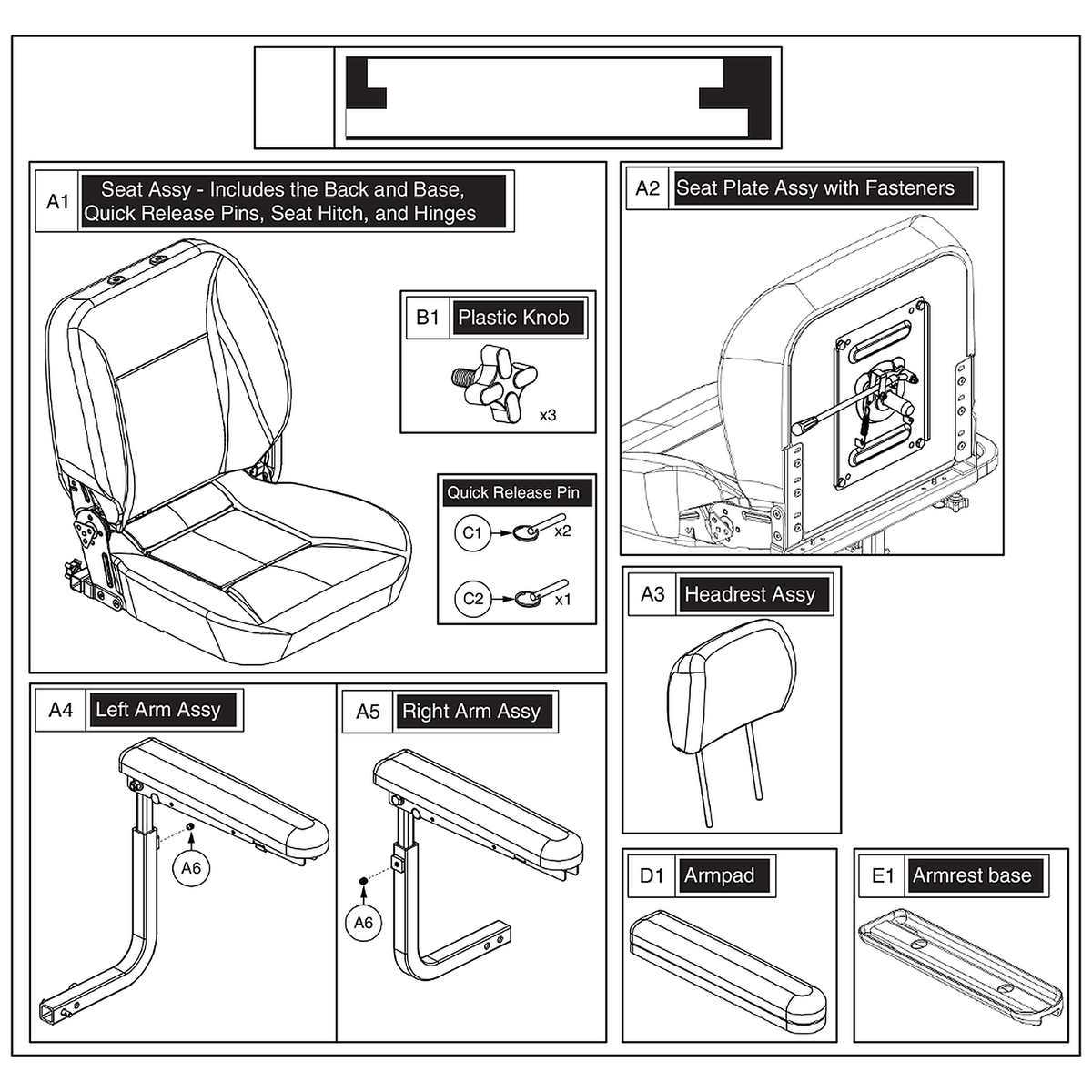 Pride Mobility (SET151622), Pride parts diagram of the black vinyl CRS 22 hi-back seat with headrest, seat frame and arms, items A1 through E1.