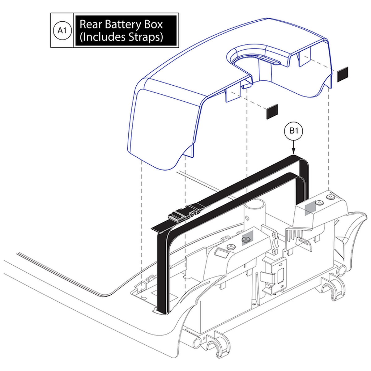 Pride Mobility (SHDASMB5252), Pride parts diagram of the black battery box shroud assembly, item A1, and its 100 inch battery strap, item B1.