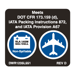 Pride Mobility AGM/Gel Cell DOT Certified Battery Decal part number DWR1235L551, parts drawing