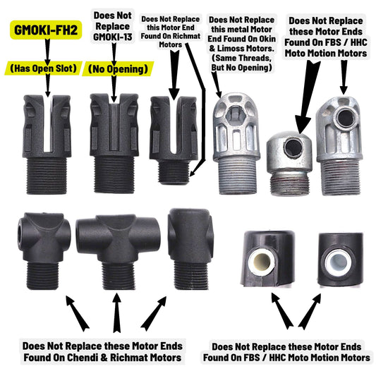Show the differences between the GMOKI-FH2 the GMOKI-13 and 9 other Stroke Pipe Clevis' (Fork Heads, Motor Ends) from HHC, Moto Motion, Richmat, FBS, Chendi and Limoss.