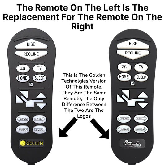 the original remote on the right and the replacment on the left. States:"The remote on the left is the replacment for the remote on the right". Also States:"This is the golden technologies version of this remote. They are the same remote, the only difference between the two are the logos". Then there are two arrows pointing to the arrows.