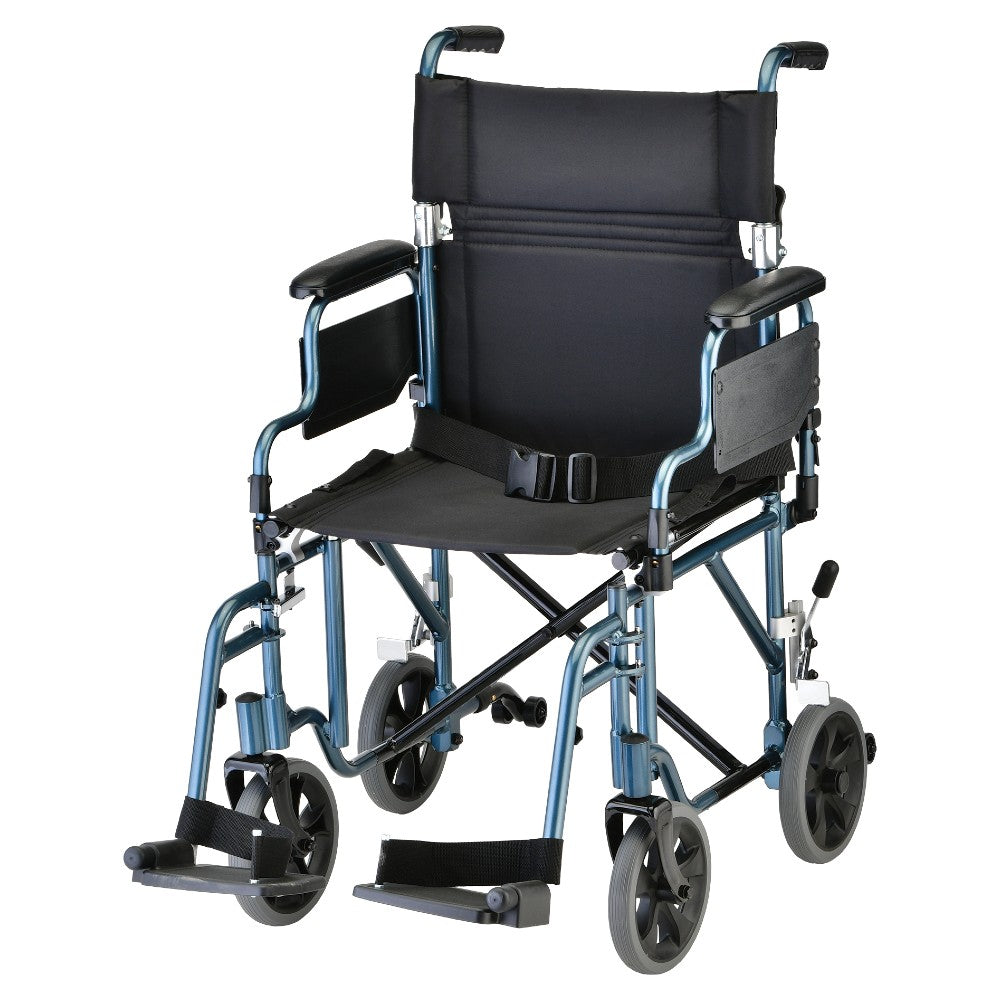 Nova Medical - Lightweight Transport Chair with Removable Desk Arms - 19" with Swing Away Footrests Blue 349B