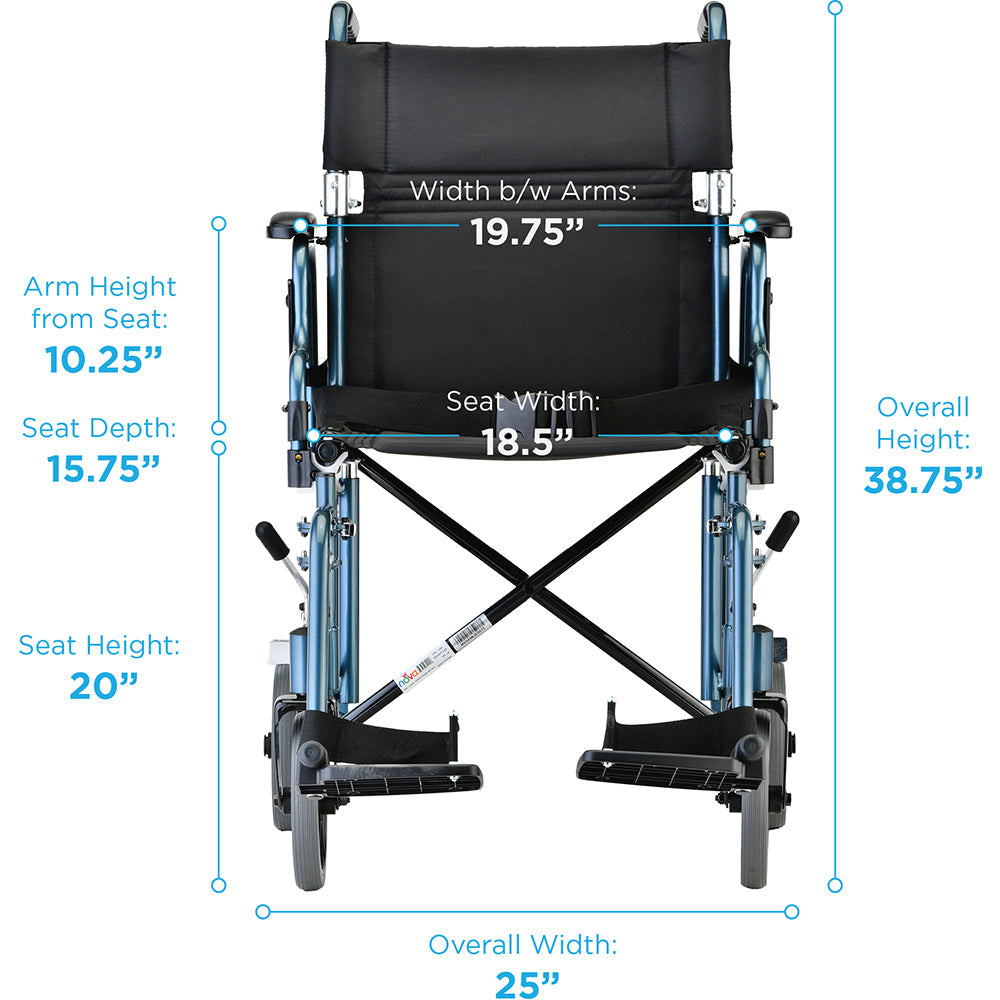 Nova Medical - Lightweight Transport Chair with Removable Desk Arms - 19" with Swing Away Footrests Blue 349B