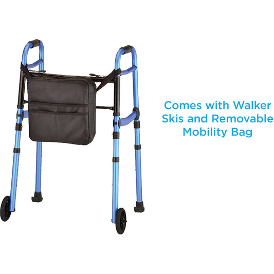 Nova Medical - Folding Walker with 5" Wheels Walker Skis and Mobility Bag 4081BW5