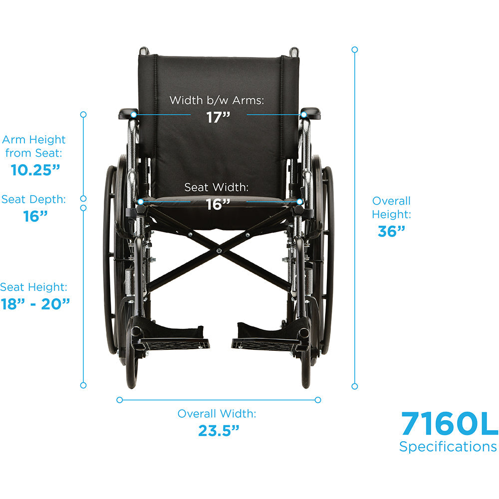 Nova Medical - Hammertone Wheelchair - 16" Lightweight With Flip Back Detachable Arms & Swing Away Footrest 7160L