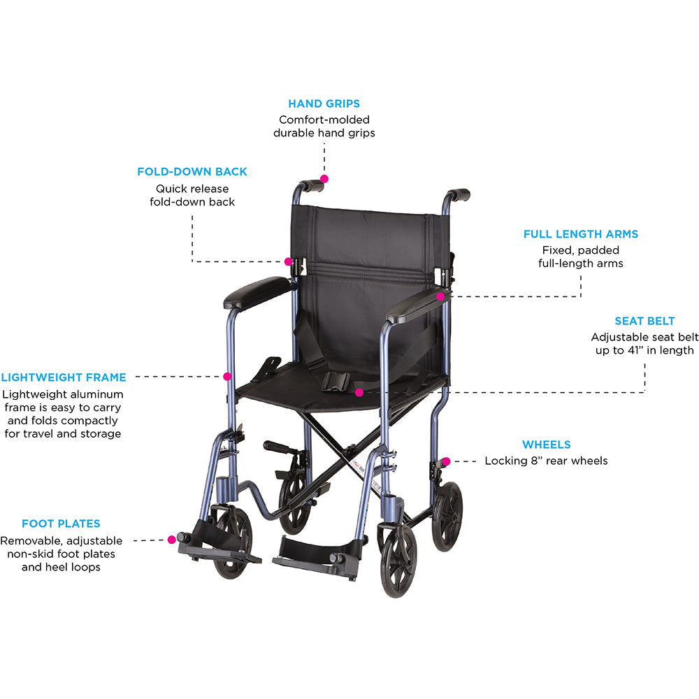 Nova Medical - Lightweight Transport Chair - 19" with Swing Away Footrest Red 329R
