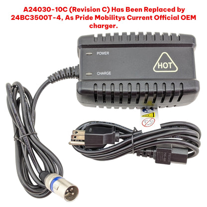 A Picture of Revicion C Model Number: A24030-10C. Stating " A24030-10C (Revision C) Has Been Replaced by 24BC3500T-4, As Pride Mobilitys Current Official OEM charger."