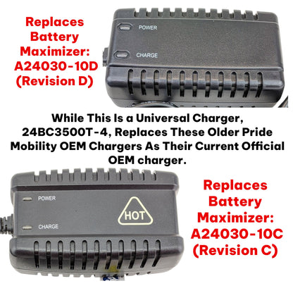 A Picture of, Revision C Model Number: A24030-10C, and Revision D Model Number: A24030-10D. Stating " While This Is a Universal Charger, 24BC3500T-4, Replaces These Older Pride Mobility OEM Chargers As Their Current Official OEM charger."