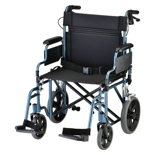 Nova Medical - Heavy Duty Transport Chair with 12" Wheels, Hand Brakes, Removable Arms - 22" Extra Wide with Swing Away Blue 332B