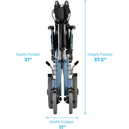 Nova Medical - Heavy Duty Transport Chair with 12" Wheels, Hand Brakes, Removable Arms - 22" Extra Wide with Swing Away Blue 332B