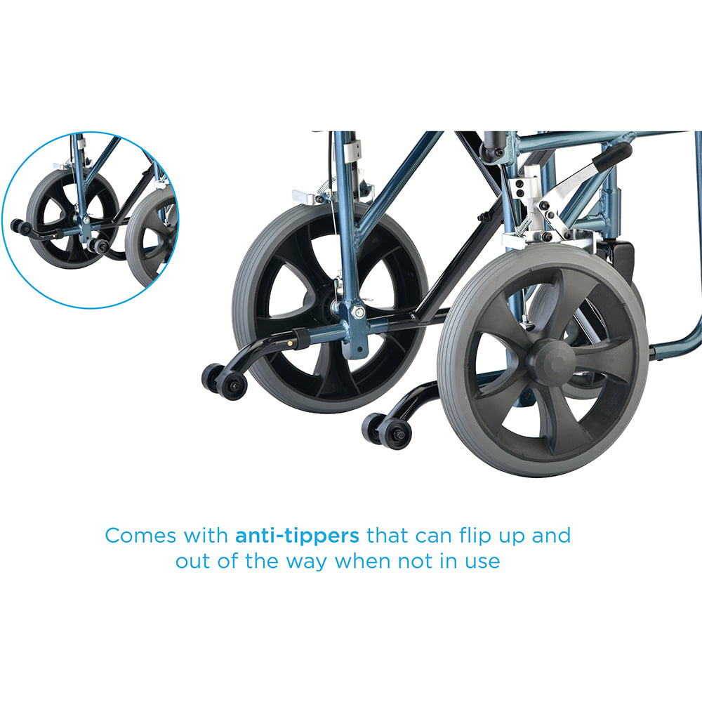 Nova Medical - Heavy Duty Transport Chair with 12" Wheels, Hand Brakes, Removable Arms - 22" Extra Wide with Swing Away Blue 332B