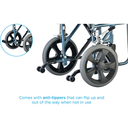 Nova Medical - Heavy Duty Transport Chair with 12" Wheels, Hand Brakes, Removable Arms - 22" Extra Wide with Swing Away Blue 332B