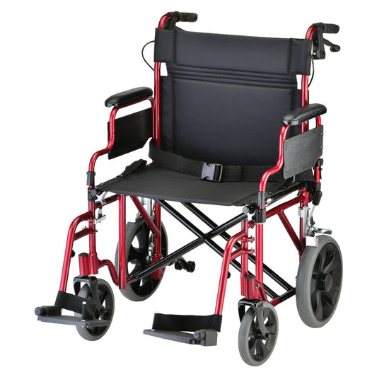 Nova Medical - Heavy Duty Transport Chair with 12" Wheels, Hand Brakes, Removable Arms - 22" Extra Wide with Swing Away Red 332R