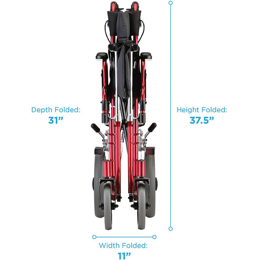 Nova Medical - Heavy Duty Transport Chair with 12" Wheels, Hand Brakes, Removable Arms - 22" Extra Wide with Swing Away Red 332R