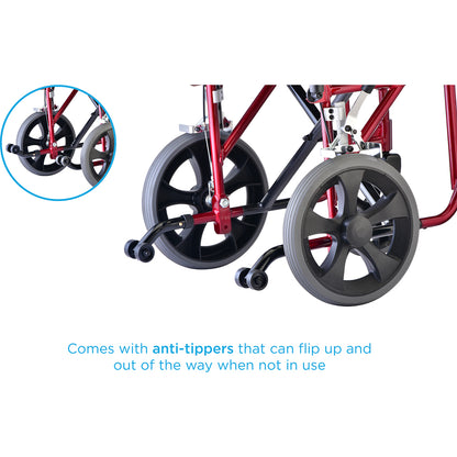 Nova Medical - Heavy Duty Transport Chair with 12" Wheels, Hand Brakes, Removable Arms - 22" Extra Wide with Swing Away Red 332R