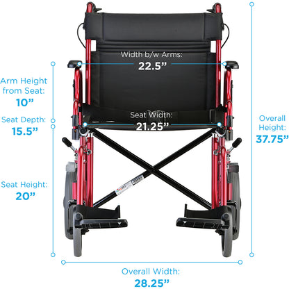 Nova Medical - Heavy Duty Transport Chair with 12" Wheels, Hand Brakes, Removable Arms - 22" Extra Wide with Swing Away Red 332R
