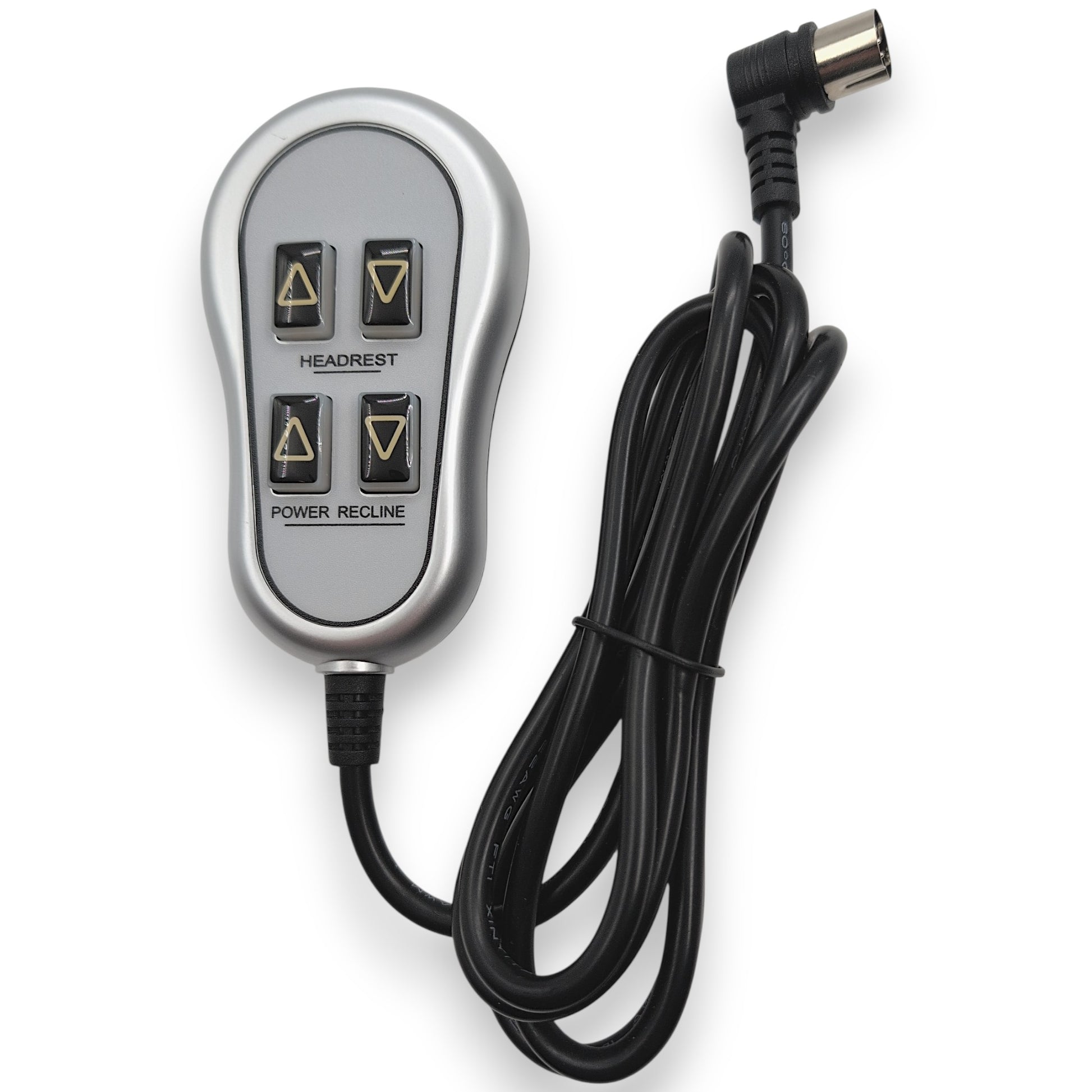 Front view Of the silver Remote Hand Control. It has as 4 Buttons, 2 are Up/Down Buttons Labeled "Headrest", and 2 are Up/Down Buttons Labeled "Power Recline". Cord is wound up, showing its 5-pin connector, the connector has a 90 degree angle.