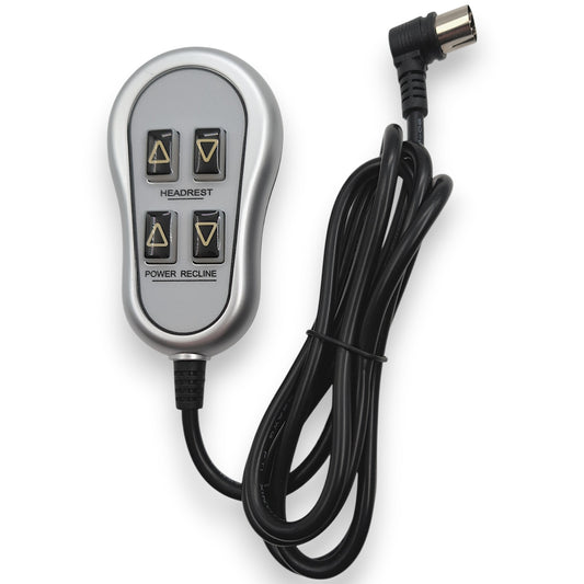 Front view Of the silver Remote Hand Control. It has as 4 Buttons, 2 are Up/Down Buttons Labeled "Headrest", and 2 are Up/Down Buttons Labeled "Power Recline". Cord is wound up, showing its 5-pin connector, the connector has a 90 degree angle.