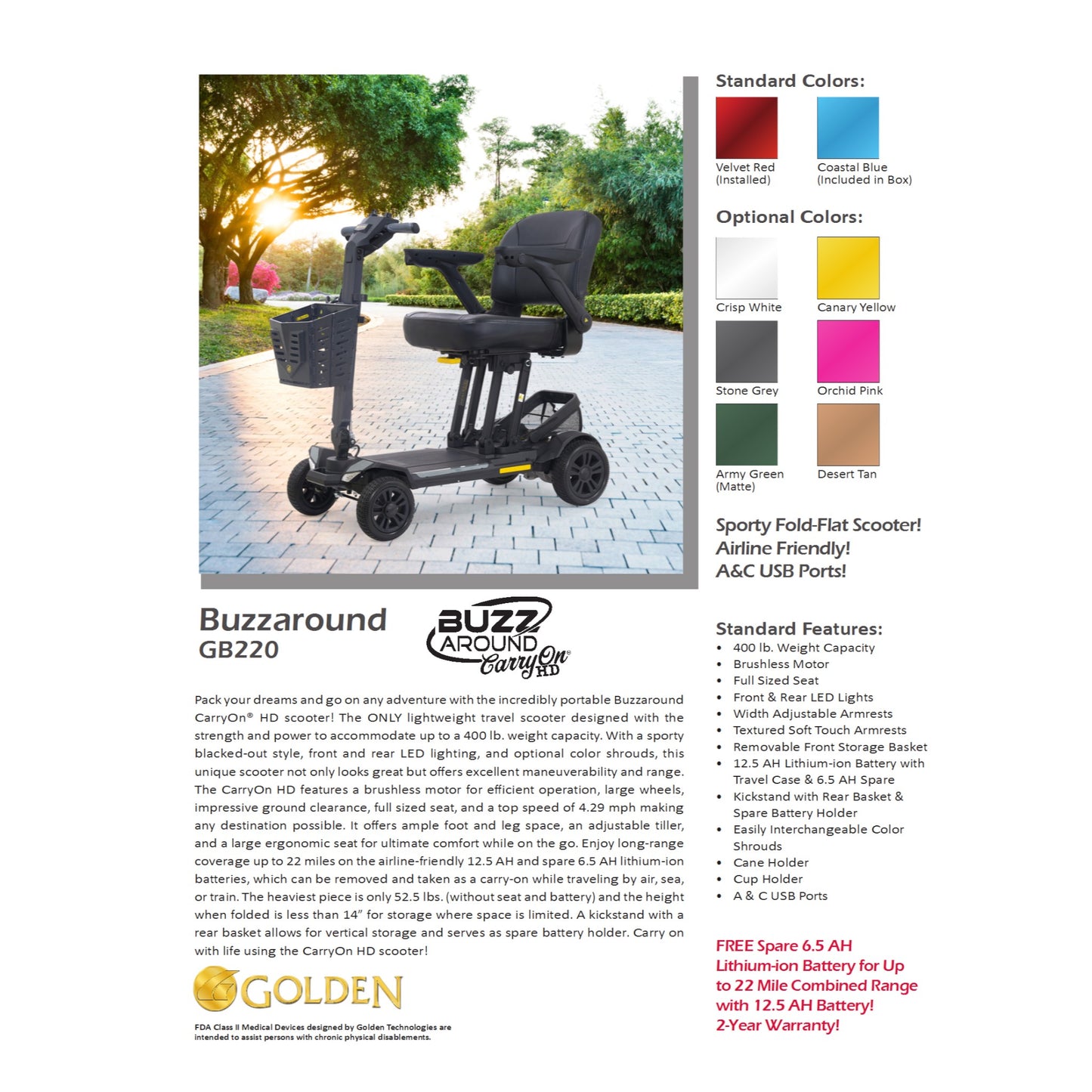 Golden Technologies Buzzaround CarryOn 4-Wheel Mobility Scooter - GB220