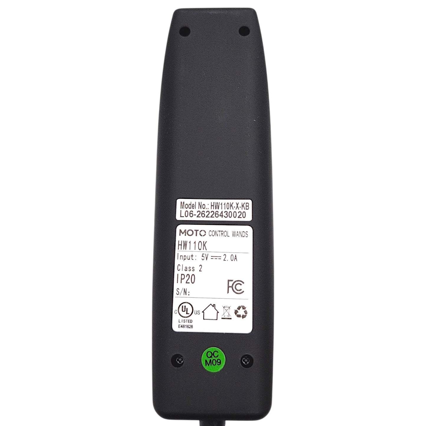 Back of remote hand control with product label