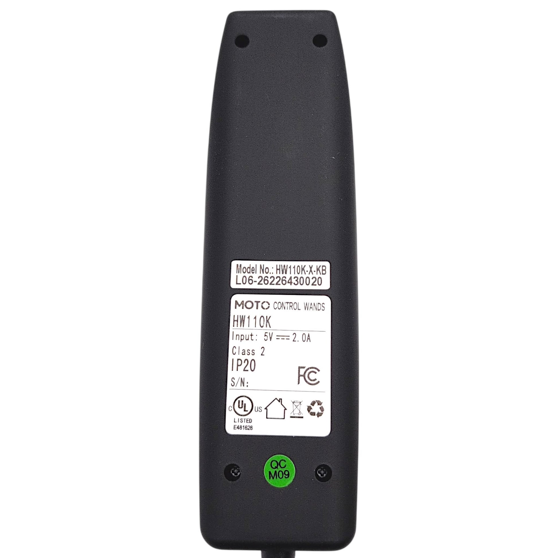 Back of remote hand control with product label