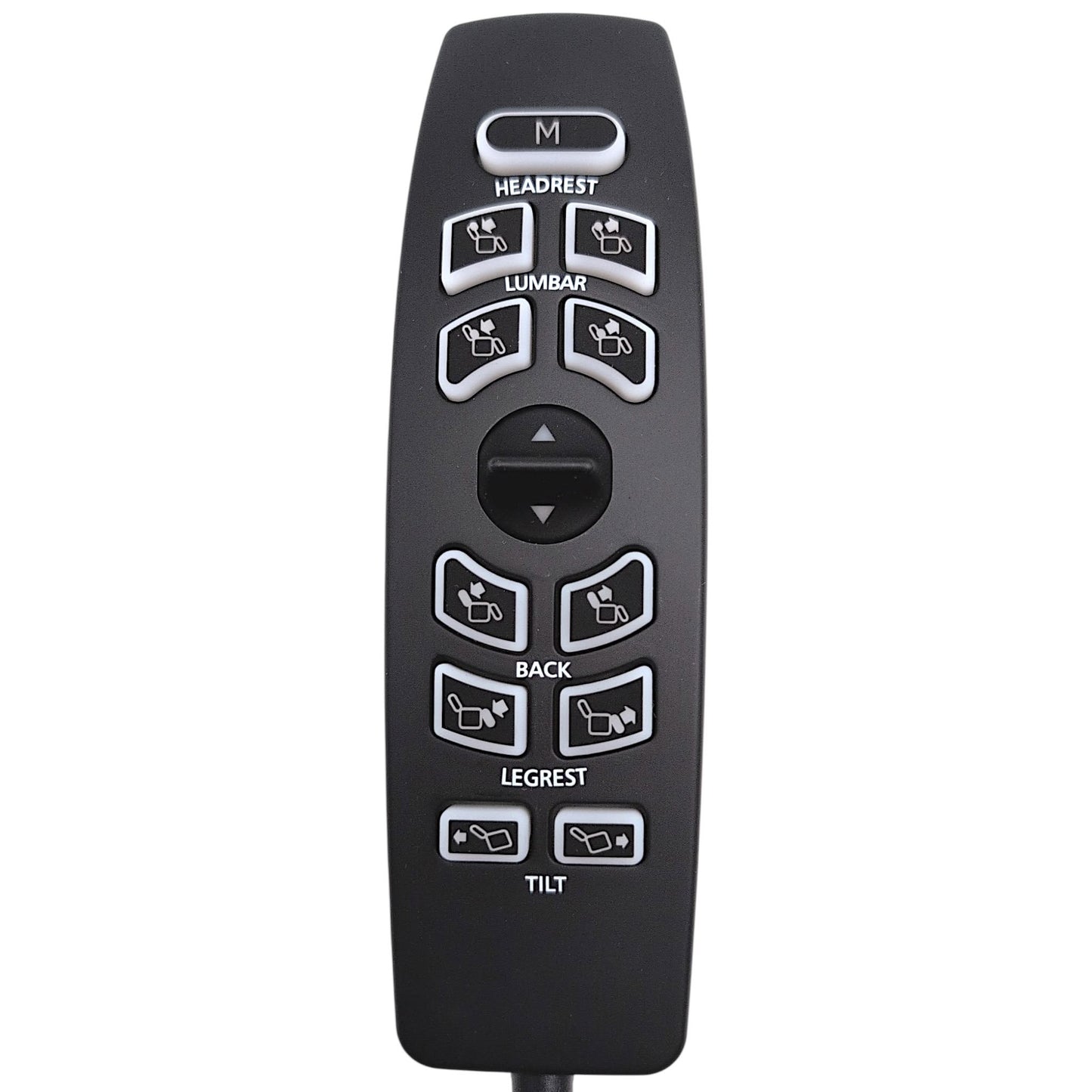 Front closeup of remote hand control, CTL2501520 / HW110K-X-KB. One Switch for Up/Down. 11 Buttons labeled as M (Memory), Headrest, Lumbar, Back, Legrest, Tilt.