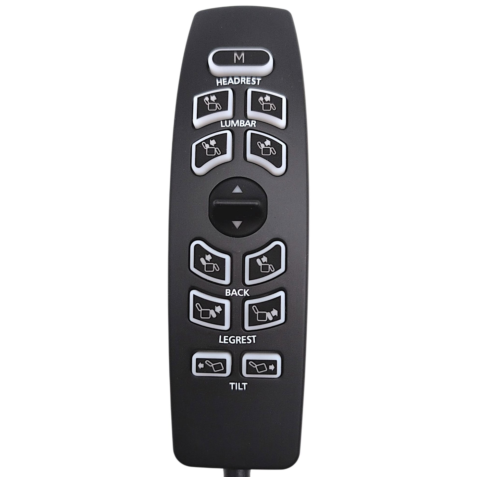 Front closeup of remote hand control, CTL2501520 / HW110K-X-KB. One Switch for Up/Down. 11 Buttons labeled as M (Memory), Headrest, Lumbar, Back, Legrest, Tilt.