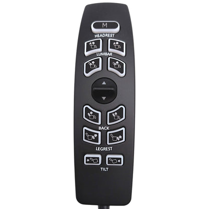 Front closeup of remote hand control, CTL2501520 / HW110K-X-KB. One Switch for Up/Down. 11 Buttons labeled as M (Memory), Headrest, Lumbar, Back, Legrest, Tilt.