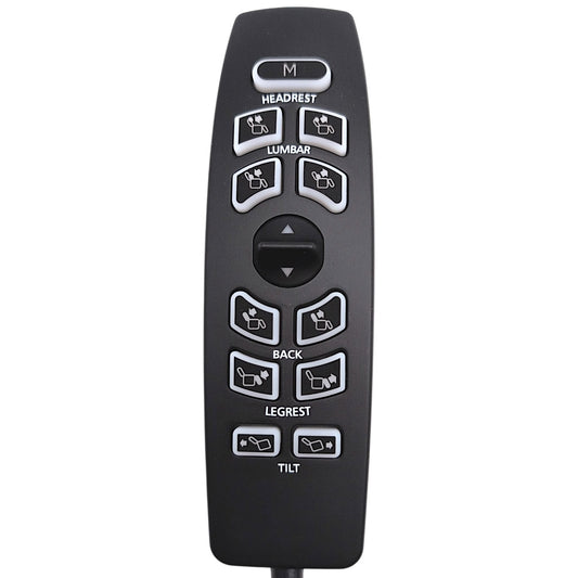 Front closeup of remote hand control, CTL2501520 / HW110K-X-KB. One Switch for Up/Down. 11 Buttons labeled as M (Memory), Headrest, Lumbar, Back, Legrest, Tilt.
