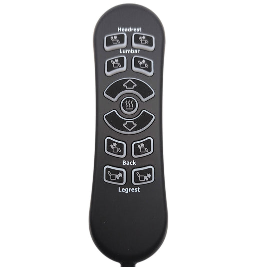 front closeup view of remote hand control. 11 illustrated Buttons in view for, Headrest, Lumbar, Up/Down, Heat, Back, Legrest.
