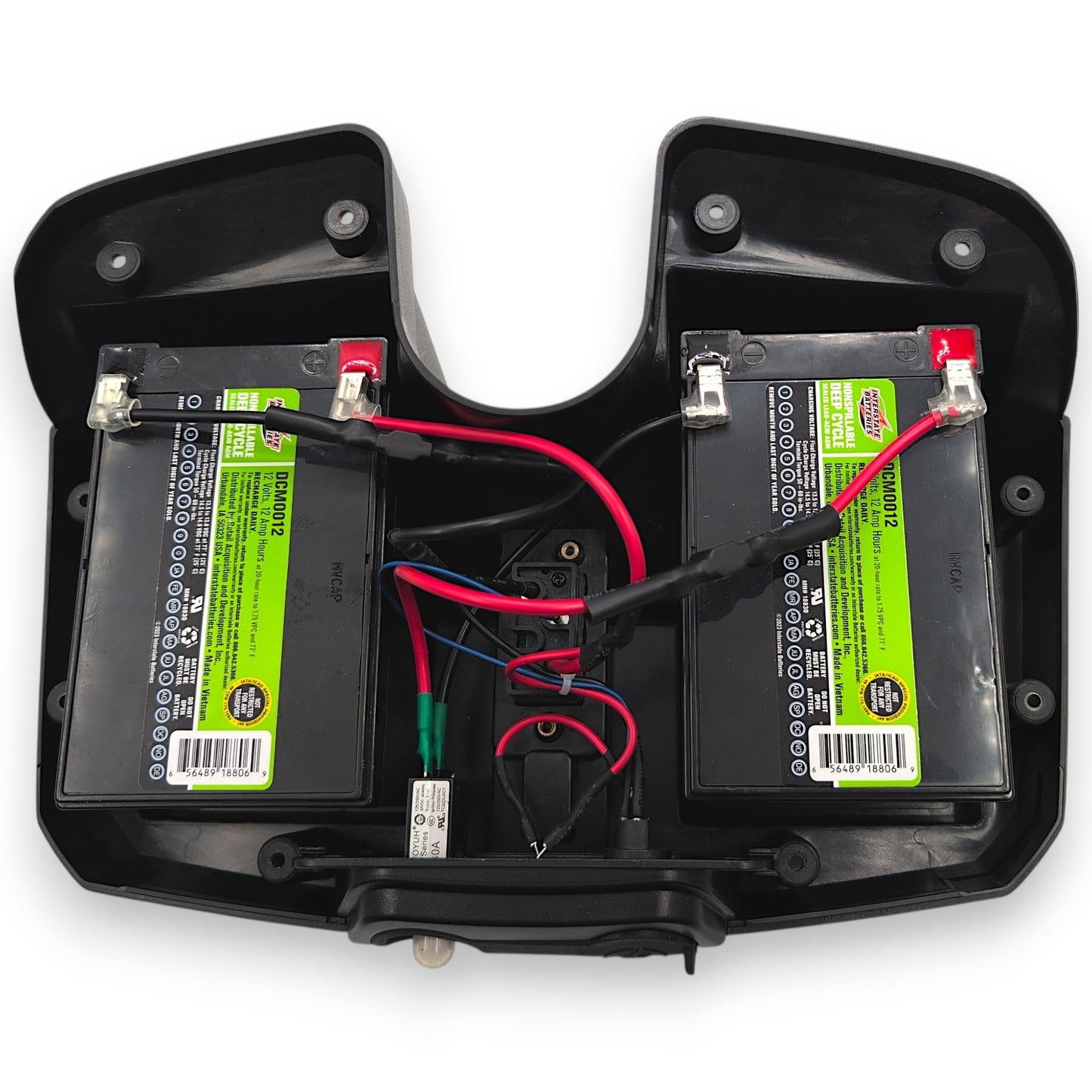 lid removed showing dcm0012 deep cycle batteries installed