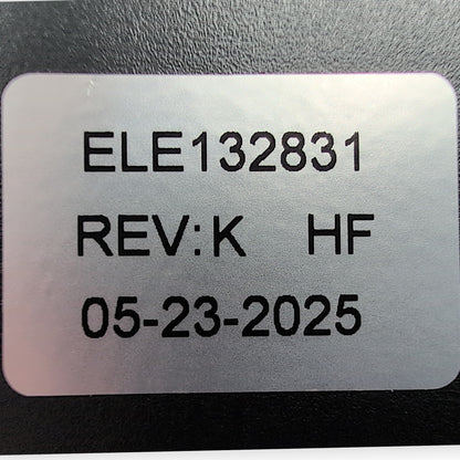 product label showing part number ele132831, revision and manufatured date
