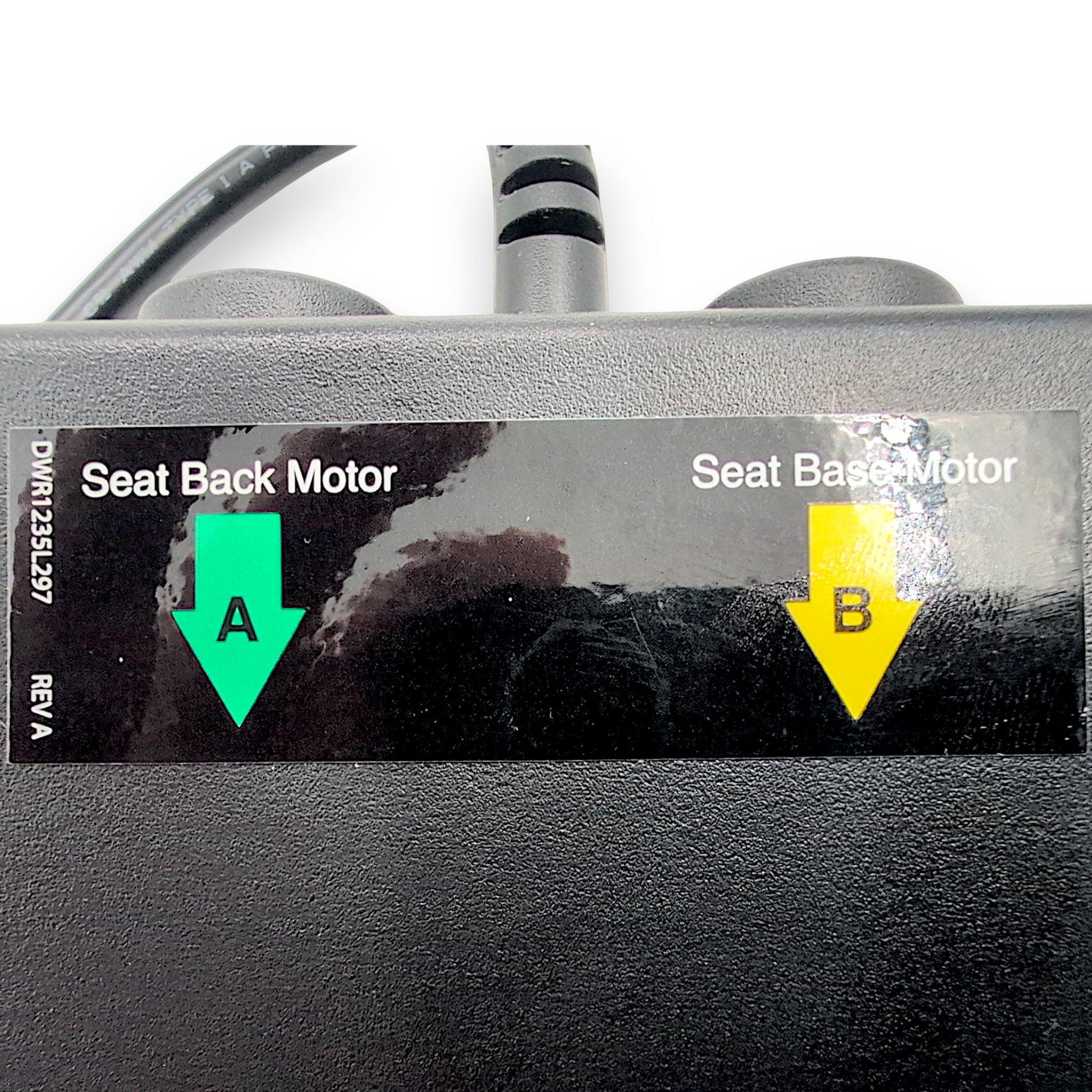 product label showing where the seat base motors, A and B go